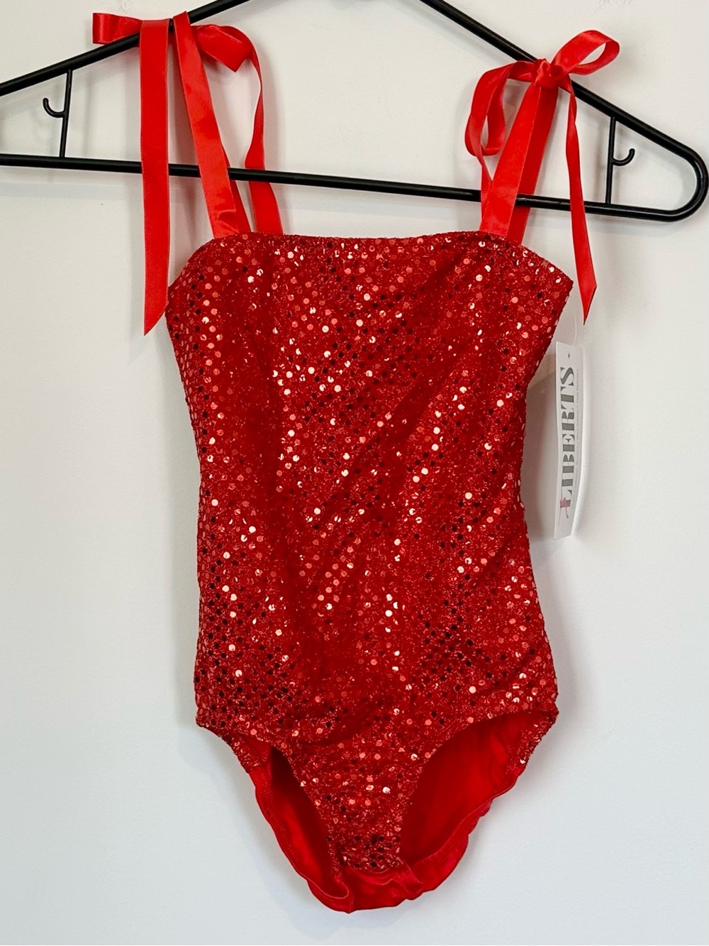 NWT Liberts Kids Red Sequin Dance Leotard with Ribbon Tie Shoulder Straps